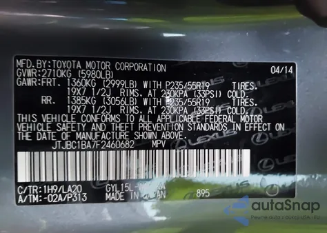 2015 Lexus Rx 450H from USA, damaged, VIN JTJBC1BA7F2460682